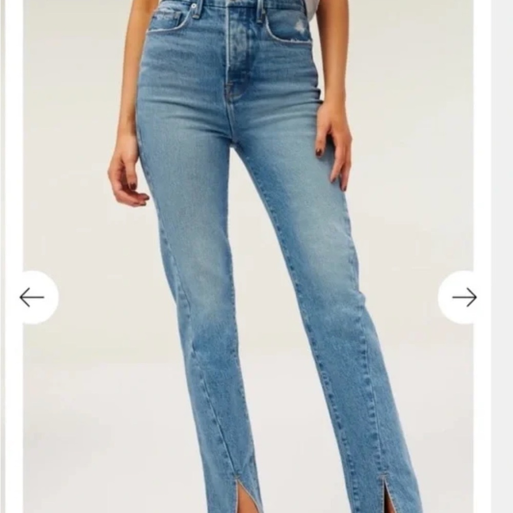 Good American High-Rise Light Blue Straight Jeans with Front Hem Slits
